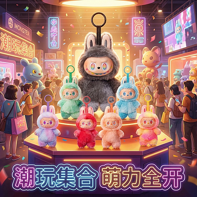 将图中所有毛绒挂件放置在热闹的潮玩展会场景中，背景是展会展台与人群，突出产品潮玩属性，底部添加“潮玩集合 萌力全开”文案