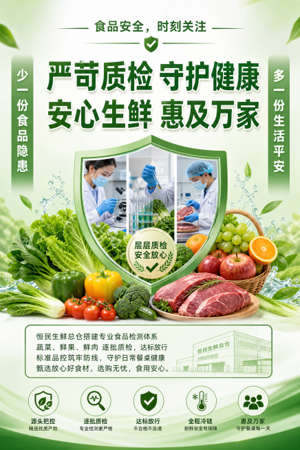 设计一张食品安全宣传海报，顶部标题为"食品安全，时刻关注"，两侧文字分别是左侧"少一份食品隐患"，右侧"多一份生活平安"，海报中间大字内容为"严苛质检 守护健康\n安心生鲜 惠及万家"，下方小字介绍：预览效果
