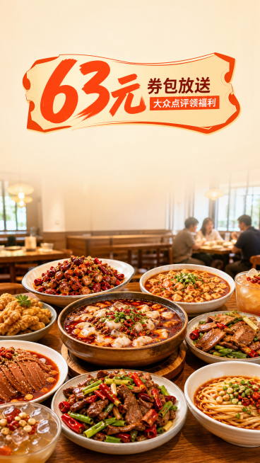 川菜餐厅到店场景，明亮有食欲的美食宣传图，不要火锅，不出现大片生肉，画面正上方预留文案位置，文案位置不饱满，正上方大标题标签为"63元券包放送  大众点评领福利"，63元为最大字号，整个标签为文案背景预览效果