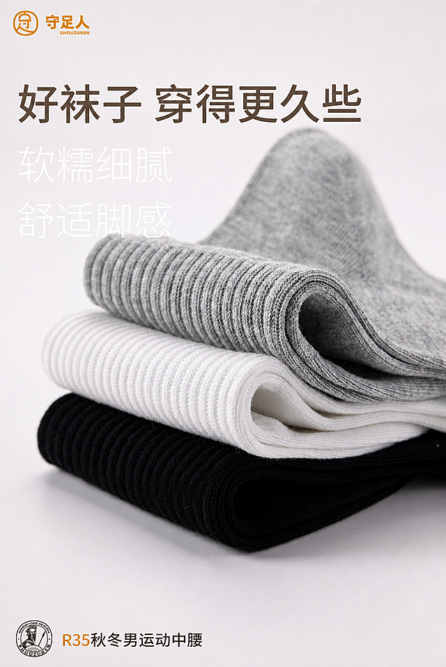 高清修复这张袜子产品图，提升分辨率和画质，保持图片内容、文字、布局、颜色完全不变，使图片更清晰锐利，细节更丰富