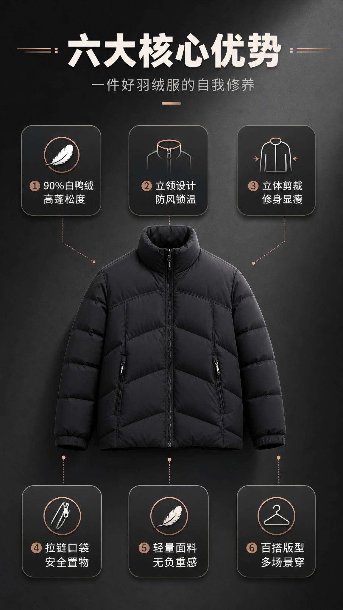 [商品] 使用【图1】男士黑色立领短款羽绒服；商品处理：保留立… - 图片创意预览