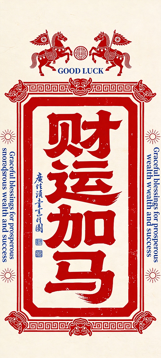 国潮风剪纸风格，大字“财运加马”彰显喜庆与中式韵味，结合传统纹样与印刷质感，传递新年祝福。