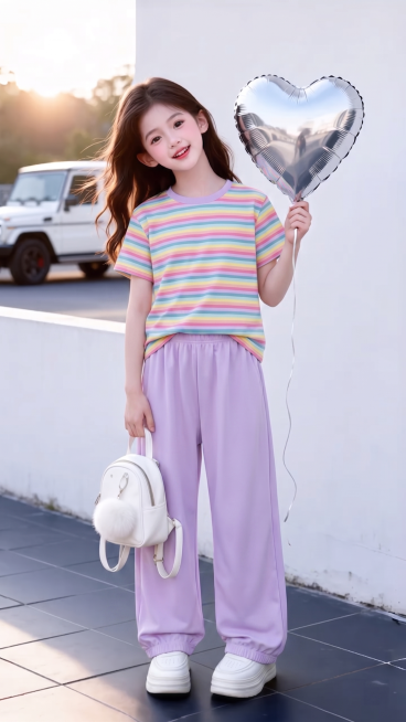 用图1的短袖和裤子替换图的2的人物穿搭衣服裤子，保留原场景光影，保持图2的人物的五官和发型不变，图片宽高尺寸不变，背景不变，鞋子不变，人物姿势不变，保持图1的短袖和裤子的款式材质不变和颜色不变预览效果