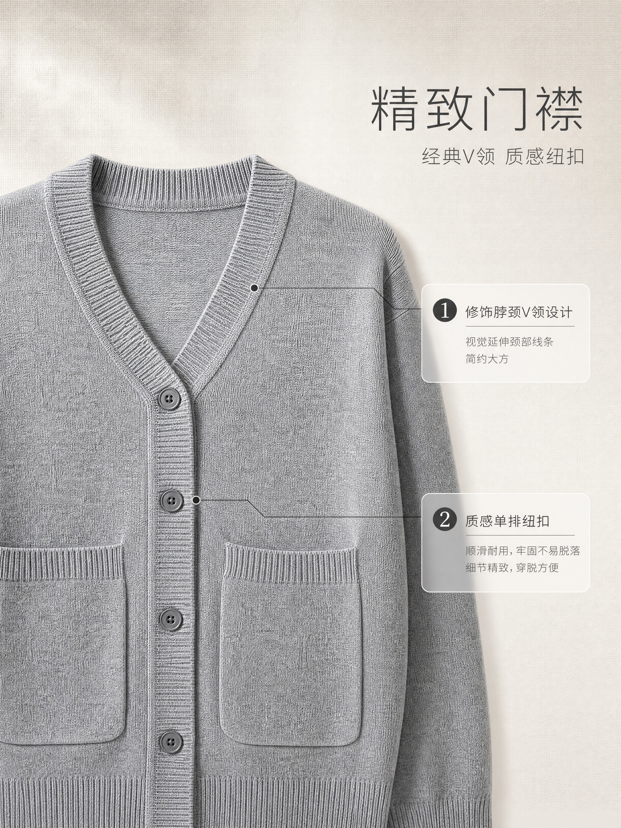 [商品] 使用【图1】灰色V领针织开衫毛衣；商品处理：保留V领… - 图片创意预览