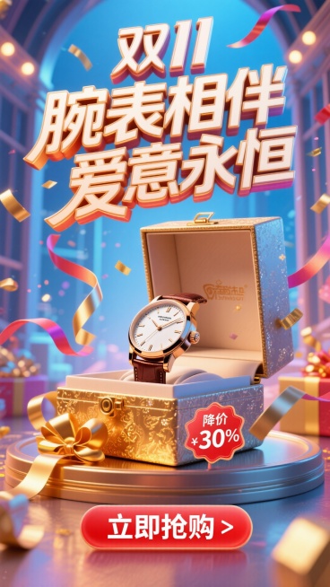 充满活力的双11销售海报构图。一枚优雅的手表放在打开的奢华礼盒中，周围是漂浮的彩带和金色丝带。电商风格，明亮欢快的灯光。“双11”Logo巨大且具有庆典感，位于顶部。主标题“腕表相伴 爱意永恒”采用粗预览效果