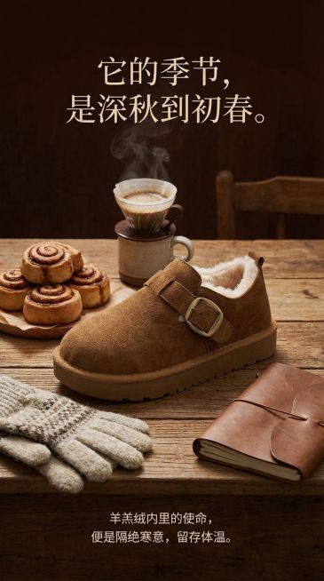 视觉： 产品旁摆放几样氛围物品：一小捆肉桂卷、一杯手冲咖啡的热气、一副羊毛手套、一本皮质笔记本。强调温暖、内敛的秋冬感。

文案： 它的季节，是深秋到初春。

副文案： 羊羔绒内里的使命，便是隔绝寒意预览效果