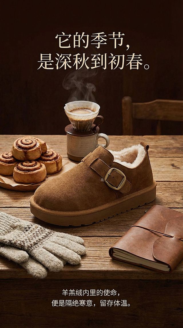 视觉： 产品旁摆放几样氛围物品：一小捆肉桂卷、一杯手冲咖啡的热气、一副羊毛手套、一本皮质笔记本。强调温暖、内敛的秋冬感。

文案： 它的季节，是深秋到初春。

副文案： 羊羔绒内里的使命，便是隔绝寒意，留存体温。