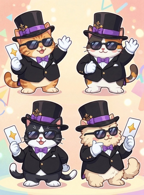 4个画风相同为一组的Q版卡通猫咪，拟人化绅士造型，全身可见，穿着黑色西装+白色衬衫，戴着黑色高顶礼帽(礼帽饰有紫色缎带与金色小装饰)，佩戴黑框反光墨镜，白色手套，一只手举着带有金色星星的白色卡片，另一预览效果