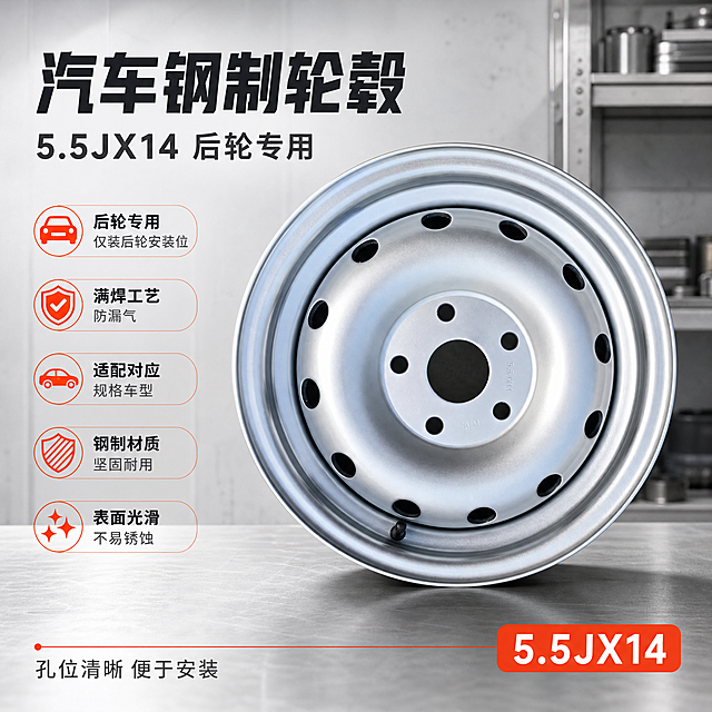 [主图-1] 汽车钢制轮毂 5.5JX14规格车轮毂 首图 唯一任务 让买家一眼看清主体 规格与四大核心卖点
[统一基调] 浅灰维修车间与浅灰金属台面背景 银灰金属主色 深炭黑加粗无衬线标题 中灰辅助字 亮橙红为唯一强调色 只用于标签 引线与底条 不加厚重色块底板 不加边框 不混用字体
[画面] 汽车钢制轮毂 5.5JX14规格车轮毂以正面微俯视角居中悬浮陈列 轮毂完整不切割 占画面约70% 银色钢圈 外圈轮辋卷边 轮辐曲面 一圈小圆孔 中心五个螺栓孔与中心孔清晰可见 角度与结构比例与输入图完全一致 背景中景为浅灰维修车间墙面与金属置物架 底部为浅灰金属台面 轮毂下方有柔和投影 不悬浮脱影
[光影质感] 影棚侧逆光加顶部柔光 钢圈两侧形成轮廓高光 银灰色涂层表面高光连续干净 无锈斑 无污渍 无划痕
[配色] 银灰金属主色 浅灰背景 深炭黑标题 中灰辅助字 亮橙红为唯一强调色
[文字版式] 左上主标题 汽车钢制轮毂 下方副标题 5.5JX14 后轮专用 左侧五行卖点胶囊 后轮专用 仅装后轮安装位 ／ 满焊工艺 防漏气 ／ 适配对应规格车型 ／ 钢制材质 坚固耐用 ／ 表面光滑 不易锈蚀 右下角亮橙红圆角角标 5.5JX14 底部一条细长服务条 孔位清晰 便于安装 全部横排 不竖排 不旋转 文字放在负空间 不遮挡轮毂
[规格] 图片比例1:1 2K 避免变形 错字 文字过小 水印 二维码 手机号 平台Logo 绝对化用语 产品结构改变 多余孔位