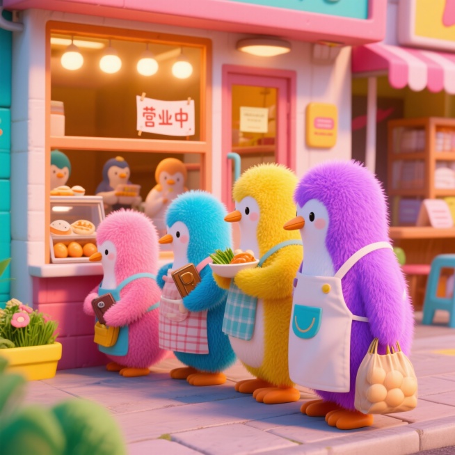 不同颜色的企鹅们在早餐店外排队买早餐，它们穿着小围裙，有的拿着钱包，有的拿着购物袋。队伍中有粉色、蓝色、黄色、紫色的企鹅，它们正在等待购买新鲜的鱼蛋和海草包。背景是温馨的小餐馆，窗户上贴着"营业中"预览效果