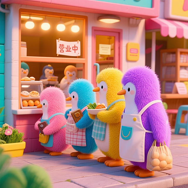 不同颜色的企鹅们在早餐店外排队买早餐，它们穿着小围裙，有的拿着钱包，有的拿着购物袋。队伍中有粉色、蓝色、黄色、紫色的企鹅，它们正在等待购买新鲜的鱼蛋和海草包。背景是温馨的小餐馆，窗户上贴着"营业中"的纸条。
