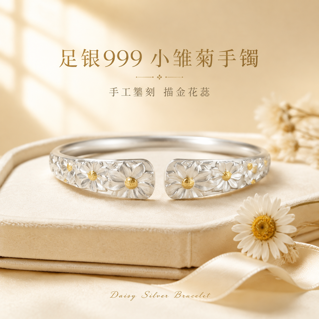 [主图-1] 抖音电商首图，主题为足银999描金小雏菊开口手镯… - 图片创意预览