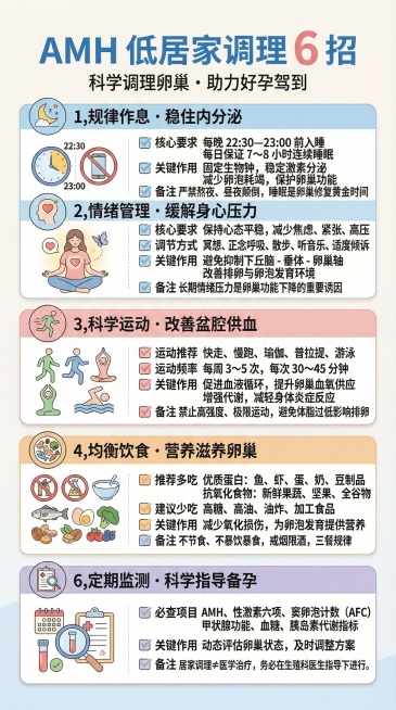 科普母婴风格海报，标题为'AMH 低居家调理 6 招'，副标题为'科学调理卵巢・助力好孕驾到'。文案内容完全如下，不得有任何增删遗漏：1️⃣ 规律作息・稳住内分泌 ✅ 核心要求 每晚 22:30–23预览效果