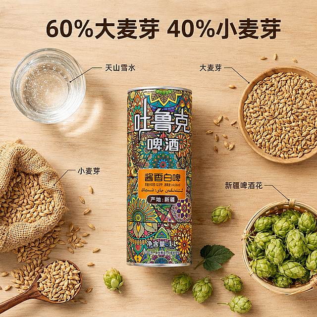 「图片1」，生成一套主图（5张），，生成一套主图（5张），商品名称是吐鲁克酱香白啤，卖点是麦芽浓度12.5°，酒精4.6，这个是他的配料表信息。品名:吐鲁克酱香白啤 产品类型:浑浊型淡色拉格啤酒 @配料:天山雪水、大麦芽切勿理山明上漆唯小麦芽、新疆啤酒花、酵母。产品说明:全麦芽酿造，大麦芽60%、小麦芽40%。0执行标准:GB/T4927-2025 @保质期:12个月质量等级:合格合格过量饮酒有害健康@贮存条件:5°C~25°C下避光贮存，禁止加热或0°C以下冷冻保存。温馨提示:本品若有少量沉淀为啤酒酵母、原料中蛋白质等成分，属产品属性，请放心饮用，口感是微甜，没有啤酒的苦涩味道，喝起来比较好喝。瓶子也好看。，适配平台，主图比例为请帮我添加倒满啤酒的杯子和图片在一起的图片。同时结合现在啤酒季节的旺季主图。帮我做一下生成。新疆特色的图片。，适配淘宝/天猫平台，主图比例为1:1
