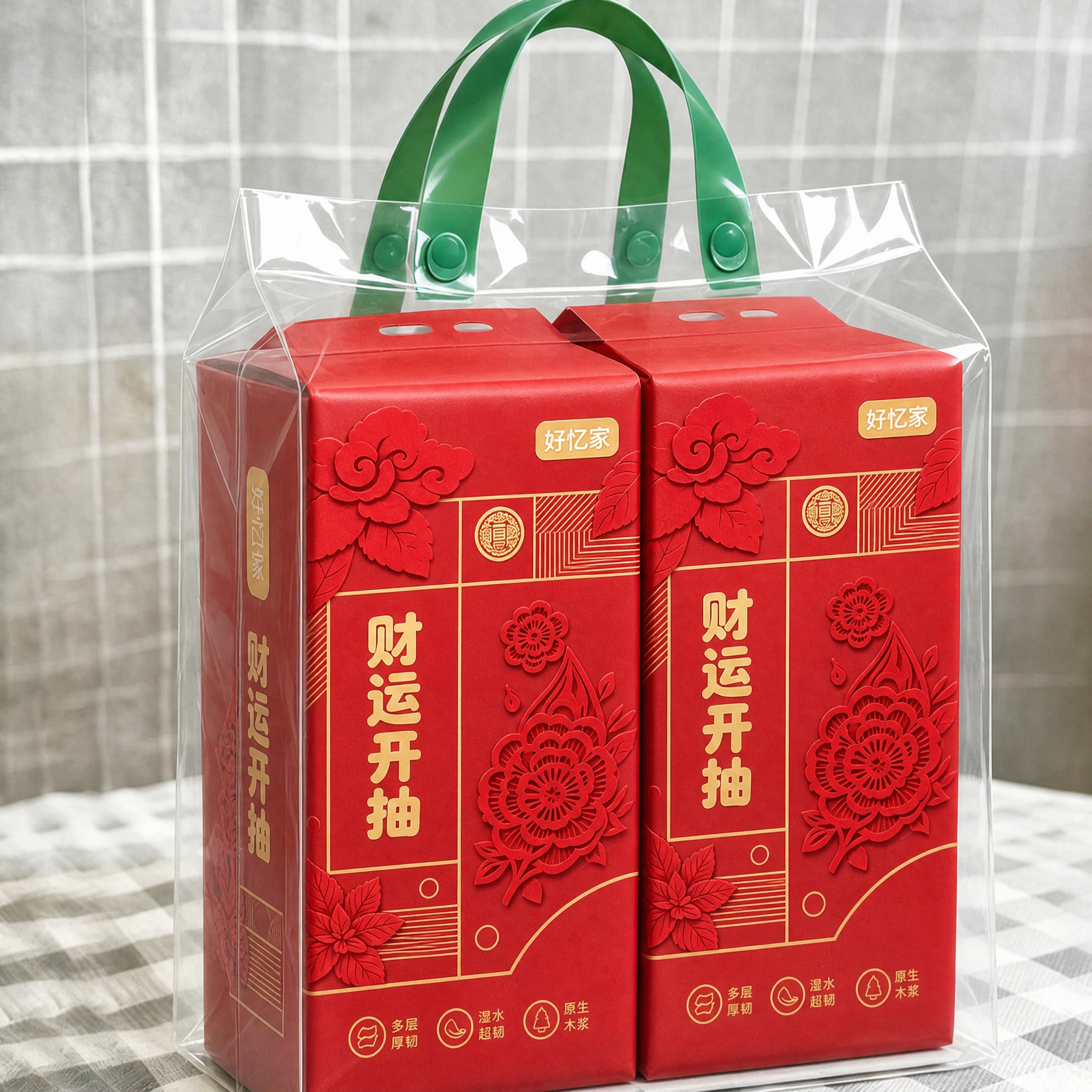 将第一张白底图中红色包装上的所有图案主题（包括红色剪纸风格的牡… - 图片创意预览