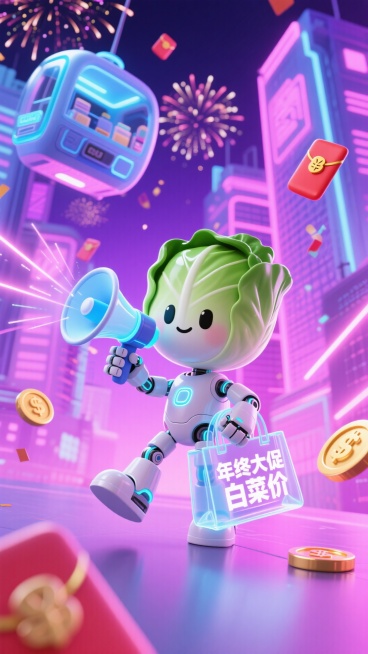 主视觉为机械感的白菜小人拿着全息喇叭，背着透明发光的科幻购物袋宣讲，购物袋显示 “年终大促 白菜价”，赛博朋克未来促销感，蓝紫与霓虹粉配色的悬浮城市背景，点缀全息红包、数字金币、激光礼花、自动购物舱元预览效果