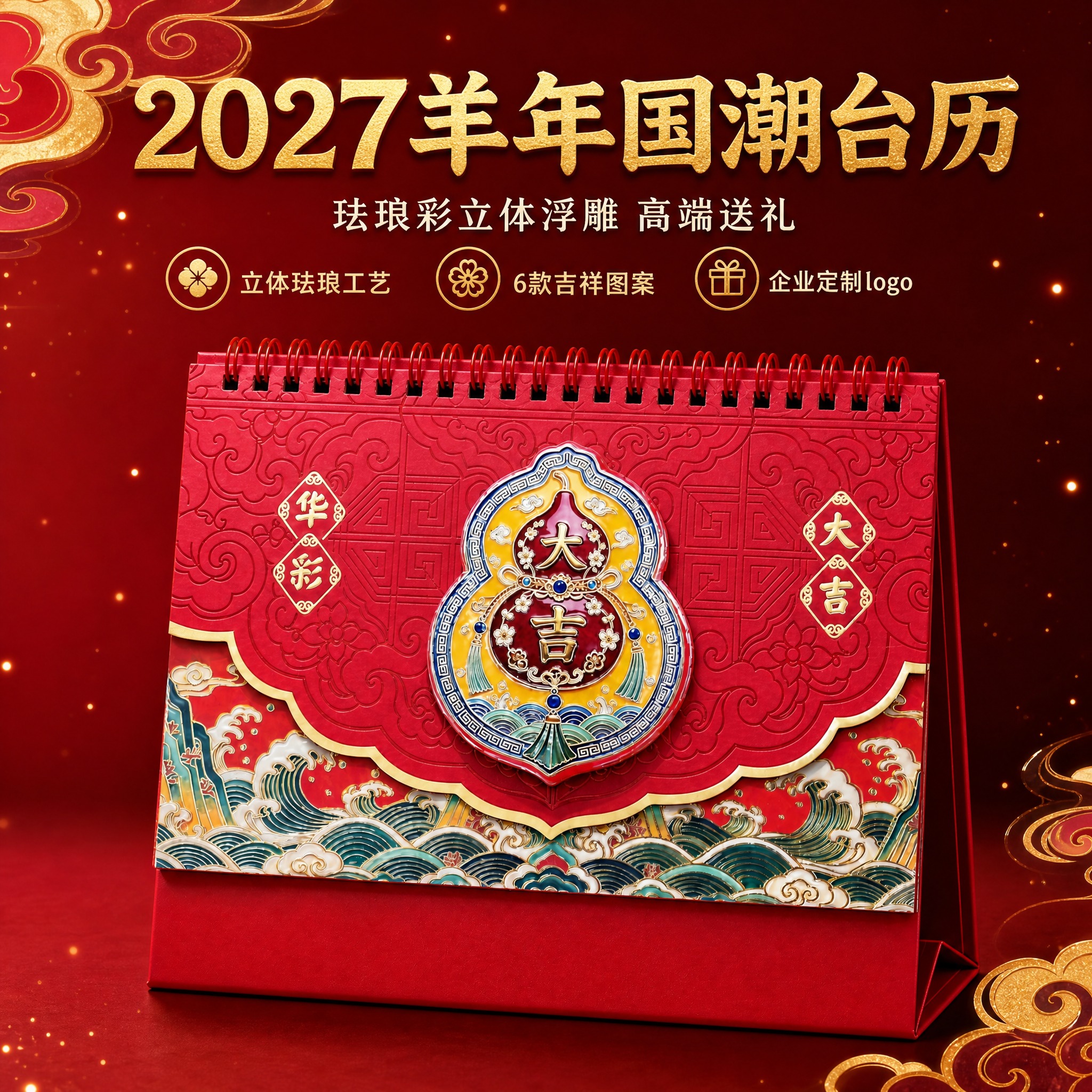 [主图1-首图] 2027羊年国潮台历 珐琅彩立体浮雕桌面日历… - 图片创意预览