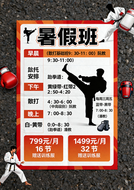 A4大小跆拳道暑期班宣传单，运动风设计，主标题“暑假班”，包含课程安排：
早晨（散打基础班9：30-11：00）阮教
下午 跆拳道：黄绿带-红带2：50-4：20 散打：4：30-6：00（中高级别）预览效果