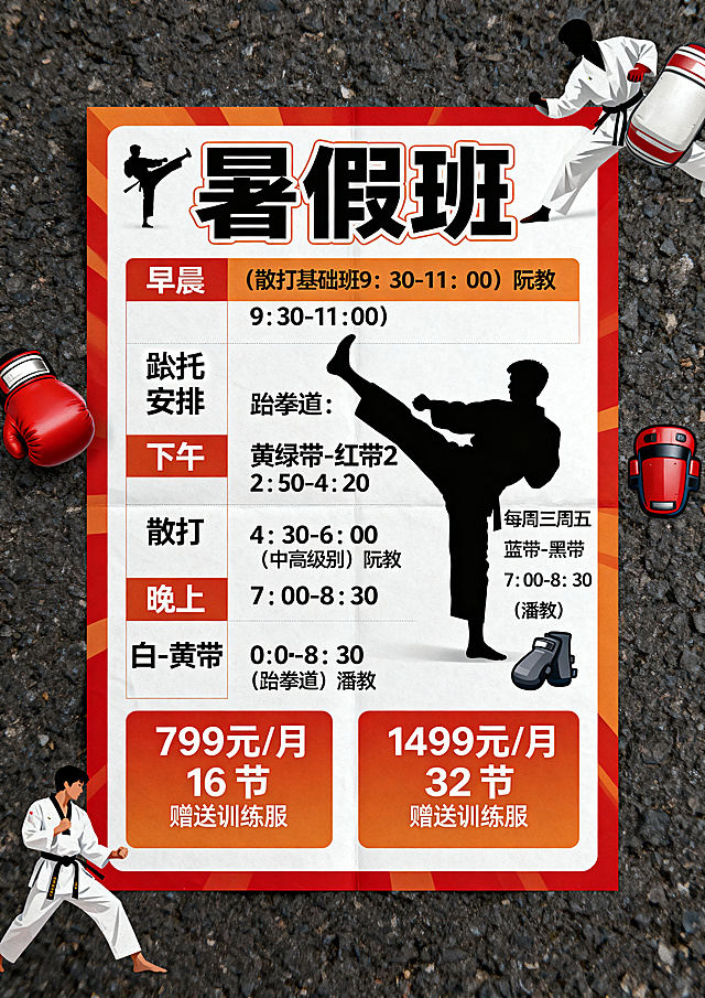 A4大小跆拳道暑期班宣传单，运动风设计，主标题“暑假班”，包含课程安排：
早晨（散打基础班9：30-11：00）阮教
下午 跆拳道：黄绿带-红带2：50-4：20 散打：4：30-6：00（中高级别）阮教
晚上 7：00-8：30 白-黄带（跆拳道）潘教
每周三周五 蓝带-黑带 7：00-8：30 （潘教）
收费标准：
799元/月 16节 赠送训练服
1499元/月 32节 赠送训练服
整体排版清晰，充满活力，符合跆拳道运动氛围，包含所有文案内容