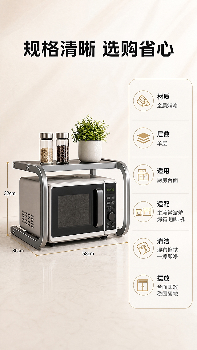 [商品] 使用【图1 https://gdesign-dam-hz.dancf.com/37944106236890217/a5247976cd8a4e5cb33e53f7e6f4172b.jpg?x-oss-process=image/resize,l_3000,image/crop,w_3000,h_3000,g_center】枪灰色单层微波炉置物架；保留C形/U形圆角矩形管侧板、单层平板带凸起金属包边、四角银色螺丝、底部圆柱横杆、枪灰金属烤漆与银色抛光亮边；下层放微波炉，上层放玻璃调料瓶与绿植。
[画面] 参数信息卡型：左侧产品正侧视图完整入画占55%，右侧为圆角浅底信息卡；信息卡条目自上而下：材质「金属烤漆」、层数「单层」、适用「厨房台面」、适配「主流微波炉 烤箱 咖啡机」、清洁「湿布擦拭 一擦即净」、摆放「台面即放 稳固落地」；背景暖米白柔和渐变，信息卡用暖米白加深浅层级与香槟金细框，中景平视。
[视觉] 套系策略：风格=高端家居杂志摄影；标题字=现代无衬线粗黑体；正文字=无衬线细体；主色=暖米白#F5F0E8；背景延展=暖米白到浅暖灰柔和渐变与细腻大理石微颗粒质感；强调色=香槟金#C0A062仅用于小面积图标引线标签；标题色=近黑#1F1F1F；正文色=中灰#6B6B6B；组件=极细线框标签、圆角浅底信息卡、细引线；光影=左前侧柔和影棚光窗光，暖调。
[文字] 主标题「规格清晰 选购省心」，信息卡条目每项「标签+说明」两行横排，字色仅近黑与中灰两种，香槟金用于条目图标，全部横排可读。
[规格] 9:16竖版，4K，负向：产品变形、错字、竖排文字、冷蓝灰背景、水印、平台Logo、人物、多余手指。