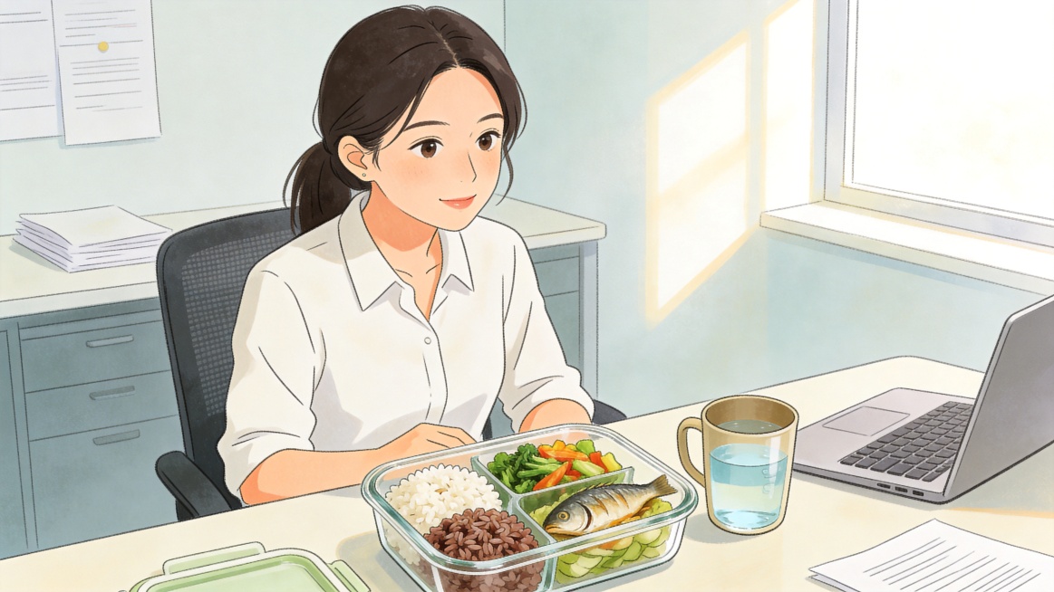 上班族健康饮食主题手绘插画，展示自制低油低盐健康工作餐的场景，体现避免外卖高油高盐的健康理念，手绘插画风格，干净清新，画面无任何文字预览效果