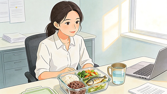 上班族健康饮食主题手绘插画，展示自制低油低盐健康工作餐的场景，体现避免外卖高油高盐的健康理念，手绘插画风格，干净清新，画面无任何文字