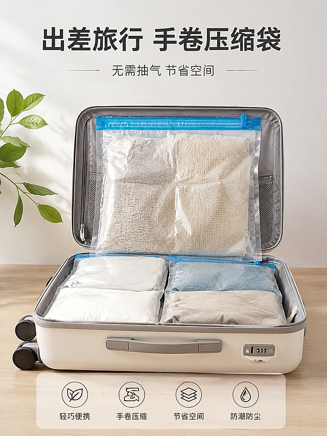 根据产品衣物收纳袋手卷压缩袋「图片1」生成一套详情页，风格参考「图片1」「图片1」。不要有品牌和水印。