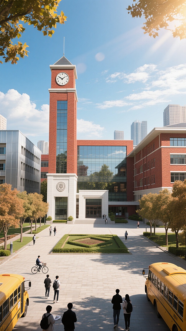 中景仰拍视角，现代风格校园建筑群沐浴在清晨金色阳光中，主体为红砖钟楼式教学楼主楼与红砖连廊式教学楼组合，左侧配银灰色金属质感实验楼，白色校门位于中央广场，门前有几何形绿化带、成排梧桐树及石板道路，天空湛蓝点缀絮状白云，阳光透过树叶形成斑驳光影，地面有黄色校车、骑行学生及步行师生，钟楼顶部时钟指向8:00，教学楼玻璃幕墙反射着天空与树木，建筑细节包括红砖砌法纹理、金属窗框线条和浮雕校徽，色彩以砖红色与灰白色为主调，点缀绿色植物，构图采用三分法，前景有晨读学生剪影，中景建筑群形成明确透视，背景是城市天际线，整体呈现明快而庄重的学术氛围，写实主义风格，空间纵深感强烈。