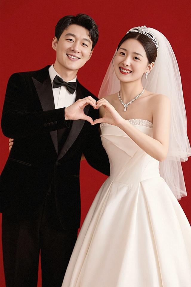 穿着婚礼服装的情侣，帅气男身着黑西装礼服，漂亮新娘身着象牙白婚纱，新郎站在左边，新娘站在右边，新娘搭配套高定饰品，红底背景，两人用手比心，一起做笑容灿烂，光线明亮均匀，欢乐甜蜜的婚礼拍照氛围。8K分辨率