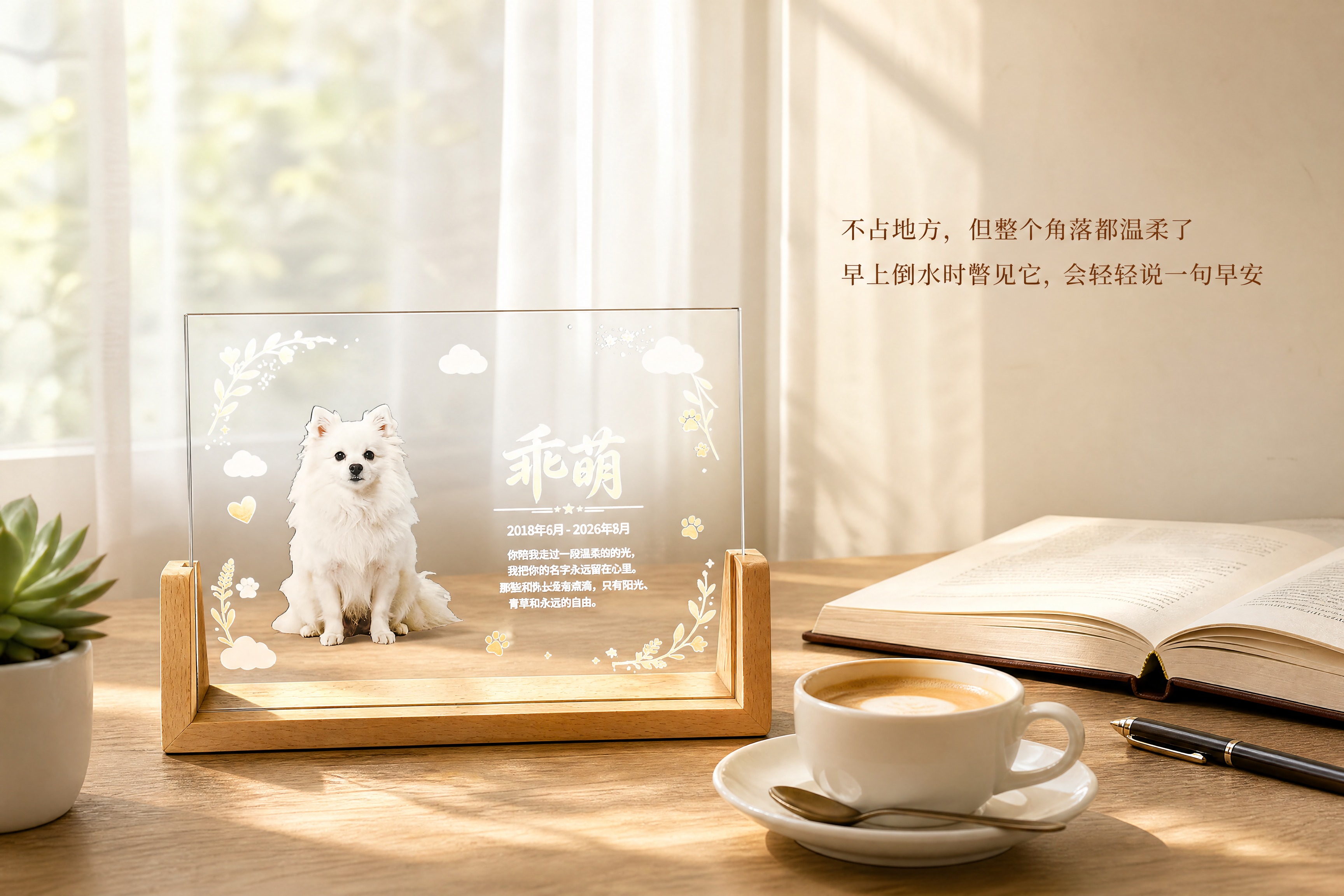 超写实静物摄影。 主体：宠物纪念相框摆件严格参照上传产品图，完… - 图片创意预览