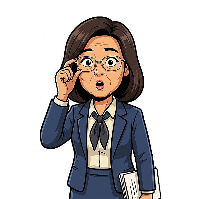 参考提供图片中的卡通插画设计风格，生成一位40岁的中年女老师，齐肩锁骨发，戴金属框眼镜，职业套裙，推了推眼镜，惊讶表情，纯白色背景，年龄在35-50之间