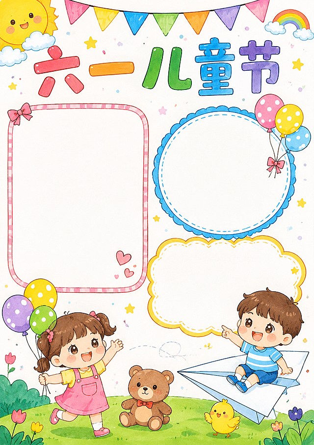 六一儿童节手抄报，马克笔手绘风格，A4竖版尺寸297*210，画面简单唯美，人物超萌可爱，布局清晰留足文字框，马克笔上色，清新色彩