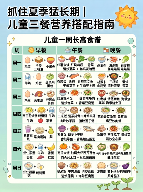 生成第五张儿童一周长高食谱图，延续参考图整洁可爱风格，比例为3:4，标题统一保留：抓住夏季猛长期｜儿童三餐营养搭配指南，子标题：儿童一周长高食谱，以表格形式呈现，包含周一到周日每日的早餐、午餐、晚餐，预览效果