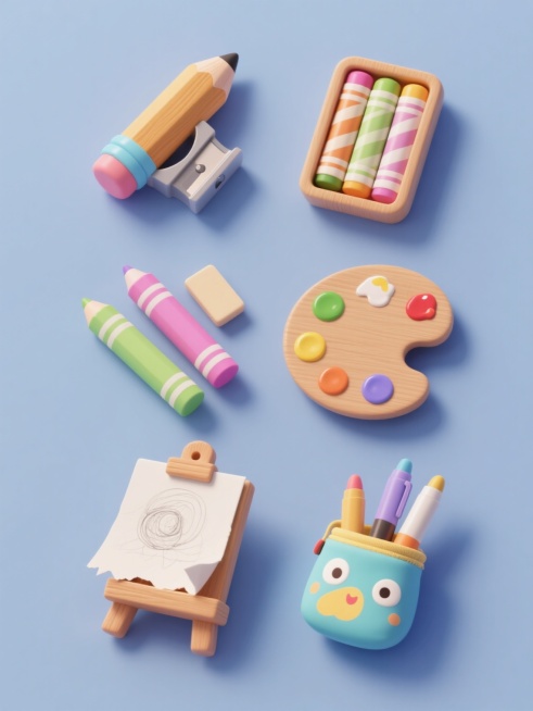 3D风格设计，纯色背景，保持圆润可爱的造型和明快的色彩搭配，画面中规整排布六个不同的绘画工具元素：1. 木质铅笔与削笔刀组合，铅笔带有彩色笔帽和笔尖细节；2. 圆头水彩笔与笔盒套装，笔身有条纹装饰；3. 带橡皮的彩色蜡笔，三支一组倾斜摆放；4. 木质调色盘与颜料管，颜料管管口挤出小团颜料；5. 卷起来的素描纸与木质画板，纸张边缘有撕边效果；6. 圆头马克笔与笔袋组合，笔袋有卡通图案。所有元素保……预览效果