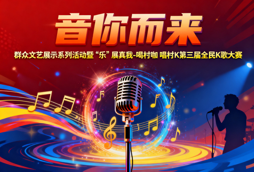 制作全民K歌大赛宣传海报，主标题大字是"音你而来"，下方是副标题小字"群众文艺展示系列活动暨“乐”展真我-喝村咖 唱村K第三届全民K歌大赛"，设计充满活力动感，适合歌唱比赛活动宣传，整体排版协调，文字预览效果