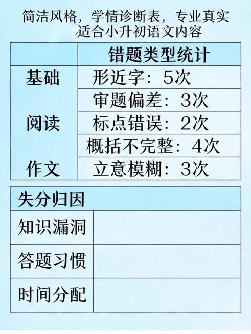 {
  "prompt": "一张简洁的手写或电子版学情诊断表示例，包含基础/阅读/作文三大模块的分析，以及错题类型统计（如“形近字：5次”、“审题偏差：3次”）和简单的失分归因栏。整体风格应显得专业预览效果