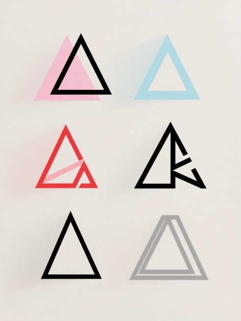 极简风格几何图形设计，六个不同配色、不同样式的三角形图标，浅色半透明背景，上下两行各三个三角形呈水平对齐排列。三角形样式包括：粉色填充带黑色描边三角形、浅蓝色描边空心三角形、黑白线条构成的立体三角形、红色线条构成的抽象三角形、黑色线条与三角形碎片组合图形、双层灰色描边空心三角形。所有三角形保持一致的大小和间距，整体视觉简洁、现代，具有清晰的图形识别度和设计感。预览效果