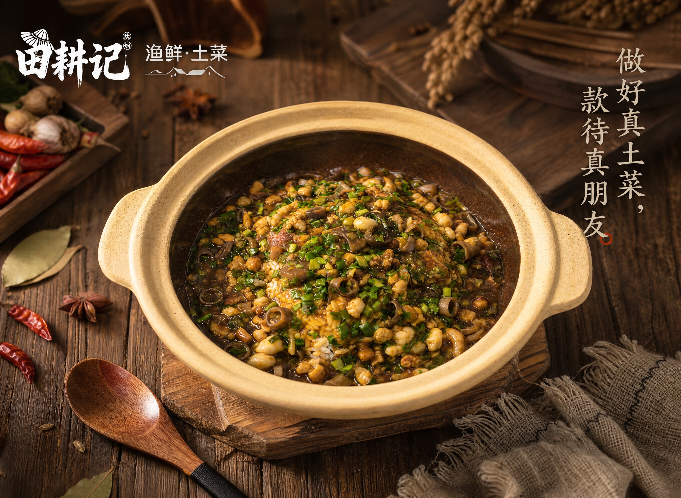 参考第一张图的木质田园风美食摄影设计风格和排版，以原野风土菜馆… - 图片创意预览