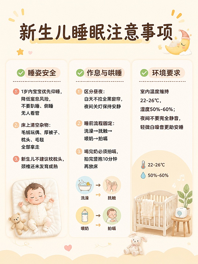 小红书图文内页配图，暖奶油色系，3:4竖版，干净清新风格。画面顶部大标题：「新生儿睡眠注意事项」，下方分三栏展示图文要点，保留原文文案：

✅睡姿安全
1. 1岁内宝宝优先仰睡，降低窒息风险，不要趴睡、侧睡无人看管
2. 床上清空杂物：毛绒玩偶、厚被子、枕头、毛毯全部拿走
3. 新生儿不建议枕枕头，颈椎还未发育成熟

✅作息与哄睡
1. 区分昼夜：白天不拉全黑窗帘，夜间关灯保持安静
2. 睡前流程固定：洗澡→抚触→喂奶→拍嗝
3. 喝完奶必须拍嗝，拍完竖抱10分钟再放床

✅环境要求
室内温度维持22-26℃，湿度50%-60%；夜间不要完全静音，轻微白噪音更助安睡

整体版式：标题醒目，文字清晰可读，行间距宽松，使用小对勾点缀项目，背景为浅暖奶油色，配色柔和温暖，契合母婴育儿风格。文字完整，信息层级清晰，四周留边，高清4K，适合作为小红书笔记第二页配图。