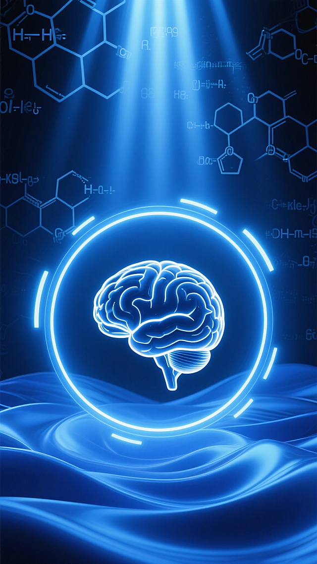 3D渲染风格的大脑科学主题海报，以深蓝色为主色调，搭配明亮的蓝色霓虹光效，营造科技感与神秘感。画面中央是一个半透明、带有白色轮廓线的大脑模型，悬浮在动态的蓝色波浪状光环之中。背景有细微的六边形分子结构和化学公式图案，上方有几道聚焦的光束从顶部射下，增强立体感和神圣感。整体构图采用中心对称布局，视觉焦点突出，光影过渡平滑，具有强烈的未来科技氛围和医学研究的专业感。