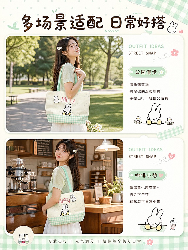 [商品] 使用【图1图2】米菲MiFFY薄荷绿波点格纹刺绣米菲兔手提托特包；保留所有外观特征。
[画面] 第7张多场景搭配展示页，目标展示包包在不同生活场景中的使用效果。采用左右分栏或上下拼贴布局：上半部分是女生在户外公园场景手提包包散步的画面，下半部分左侧是女生在咖啡馆场景单肩背包包的画面，展示不同背法。同一个模特，不同姿态和场景有变化。整体画报拼贴风格，清新治愈。
[视觉] 套系策略：风格=软萌治愈系米菲IP童趣插画风 清新复古；标题字=圆润可爱童趣字体；正文字=简洁圆润无衬线体；主色=奶白色+薄荷绿；背景延展=基于奶白和薄荷绿做深浅层级 同色渐变 波点格纹纹理质感；强调色=粉色 仅用于小面积图标引线标签；标题色=深棕色；正文色=暖灰色；组件=圆角浅底信息卡 细线引线 可爱图标；光影=柔和自然光 治愈系暖调。
[文字] 顶部主标题「多场景适配 日常好搭」。每个场景旁配小号英文「OUTFIT IDEAS」和「STREET SNAP」。文字横排，不遮挡主体。
[规格] 图片比例3:4竖版，4K，避免变形错字文字过小 冷蓝背景 产品颜色改变 水印平台logo。