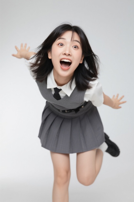 一个姑娘，全身像，做出夸张的动作，脸上带着惊讶的表情，穿着短裙服装，整体氛围开心，摄影风格，无背景预览效果