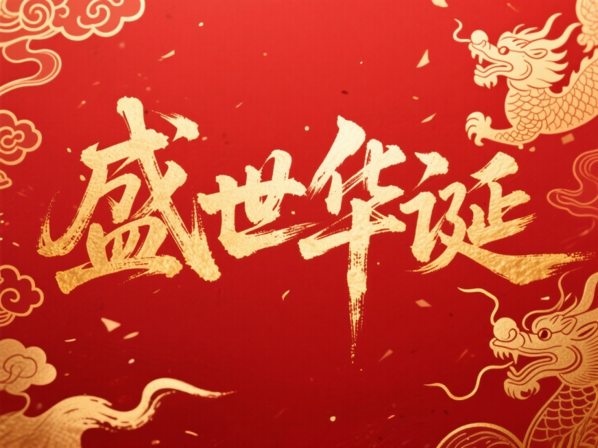 文案“盛世华诞”文字，烫金水墨，金色国风元素，文字横向排列，纯红色背景预览效果