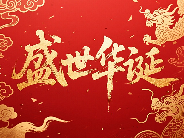 文案“盛世华诞”文字，烫金水墨，金色国风元素，文字横向排列，纯红色背景