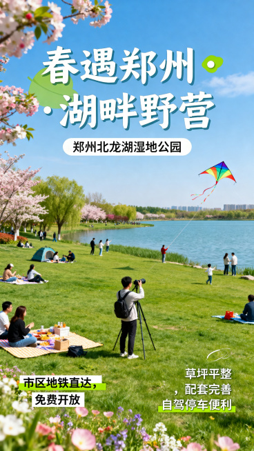郑州北龙湖湿地公园春日露营宣传海报，清新治愈风格，4月周末晴朗天气，临湖大草坪，碧水环绕，繁花盛开，人们野餐放风筝，拍摄湖景大片，文字信息：主题"春遇郑州・湖畔野营"，地点郑州北龙湖湿地公园，标注市区预览效果