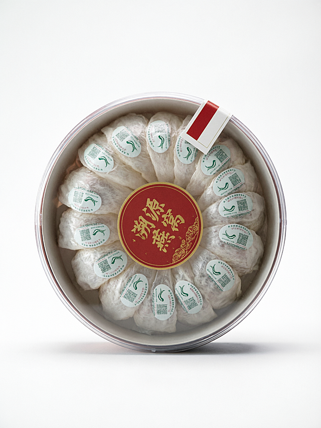 对图中的溯源燕窝圆盒产品进行精修，将产品置于纯净的纯白背景上，保持正视图平视视角，做成3D渲染效果，精准还原产品颜色与包装材质，清除所有指纹、灰尘与瑕疵，让产品看起来崭新，增强产品光影立体感，提升整体质感和高级质感，保证包装标签文字清晰锐利，调整光线使其柔和均匀，突出产品精致感，符合电商主图标准