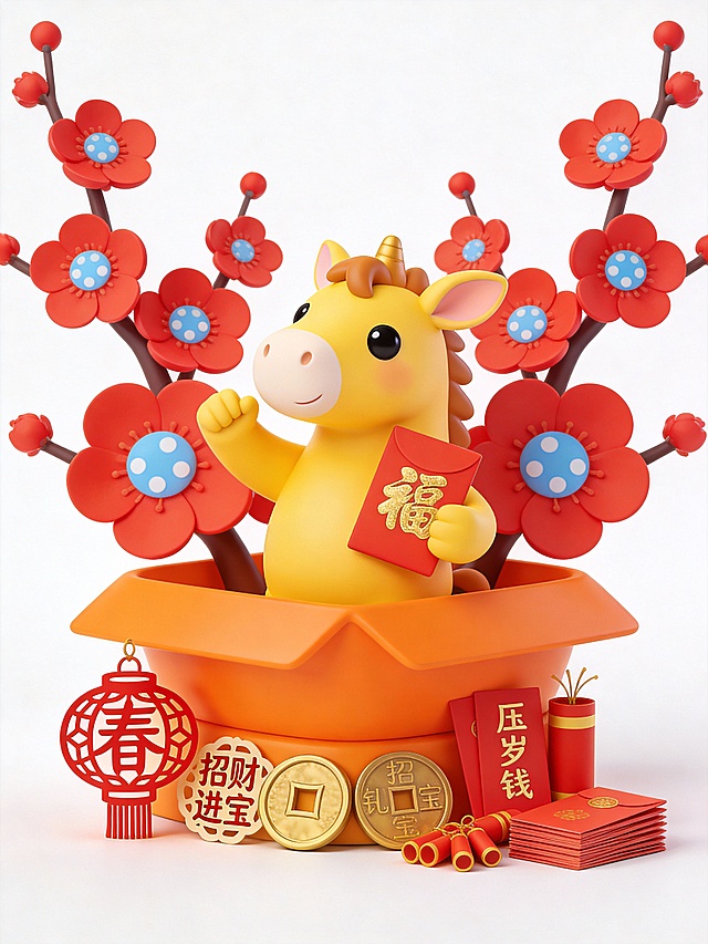 生成一套八张不同姿势的3D卡通素材图，主角是一只圆润黑眼睛、表情呆萌可爱的 Q 版黄色小马，整体呈现高饱和度的多巴胺糖果色系，纯白色背景，完整展示所有素材
1、粉色的招财鼎承载的新春场景中：小马两只前蹄抱着一副红底金字春联，嘴角微微上扬，它身后簇拥着表面带浅绿色波点的风格化绿色松树，招财鼎底座下摆放着烫金灯笼、方孔铜钱、炮竹与一张倒福字。
2、橘色元宝形礼盒承载的新春场景，小马只前蹄抬起作揖拜年，另一只前蹄抱着烫金红包，耳朵微微晃动，它身后簇拥着花瓣带浅蓝色波点的风格化红梅，礼盒底座下摆放着剪纸灯笼、方孔铜钱、炮竹与一沓压岁红包。
3、檬黄色多层食盒承载的新春场景，小马两只前蹄牵着系着粉丝带的点心礼盒，脑袋歪向一侧卖萌，它身后簇拥着花叶带嫩黄色波点的风格化水仙，食盒底座下摆放着手绘灯笼、方孔铜钱、炮竹与几盒精致的酥糖点心。
4、青柠绿色描金果盘承载的新春场景，小马一只前蹄举着一串红彤彤的糖葫芦，正眯着眼睛啃咬得津津有味，它身后簇拥着枝条带翠绿色波点的风格化银柳，果盘底座下摆放着复古印花灯笼、方孔铜钱、炮竹与一盘装满瓜子花生的果盘。
5、天蓝色陶制食罐承载的新春场景，小马两只前蹄捧着一盘金黄的灶糖，尾巴轻轻摇摆着，它身后簇拥着竹节带天蓝色波点的风格化富贵竹，食罐底座下摆放着镂空宫灯、方孔铜钱、炮竹与一个迷你的木质灶台摆件。
6、橘红色描金聚宝盆承载的新春场景，小马两只前蹄举着一个沉甸甸的大金元宝，耳朵竖得笔直，它身后簇拥着叶片带橘红色波点的风格化年桔，聚宝盆底座下摆放着招财进宝主题灯笼、方孔铜钱、炮竹与一顶精致的财神帽。
7、紫罗兰色竹编簸箕承载的新春场景，小马一只前蹄握着一把小巧的竹扫帚，正在轻轻扫着地，它身后簇拥着花瓣带淡紫色波点的风格化腊梅，簸箕底座下摆放着简约条纹灯笼、方孔铜钱、炮竹与一袋饱满的五谷杂粮。
8、薄荷绿色雕花花灯盏承载的新春场景，小马头顶戴着一个彩色的人胜发饰，两只前蹄开心地拍着，它身后簇拥着花瓣带薄荷绿色波点的风格化桃花，花灯盏底座下摆放着缤纷花灯、方孔铜钱、炮竹与几缕五彩的编织彩绳。