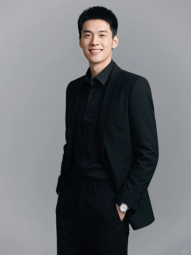 一个男生，灰色背景，黑色衬衫西装，手插兜，利落短发，精致的手表，人物自然微笑，商务形象照。