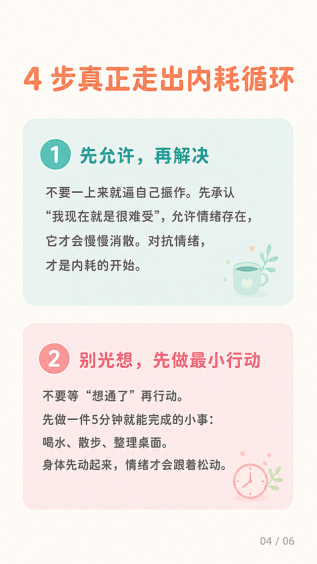 小红书竖版9:16图文内页，奶雾米白底色#FFF9F2，柔和多巴胺配色，松弛治愈风格，版式精美，小红书笔记内页质感。页面顶部主标题为元气暖橘色#FF8A5B，28号粗字重，文字为「4 步真正走出内耗循环」。页面上下排布两个彩色圆角模块，圆角半径16px，配数字序号：第一个薄荷青色#4ECDC4卡片，序号①，小标题「先允许，再解决」，22号Medium中字重，正文「不要一上来就逼自己振作。先承认“我现在就是很难受”，允许情绪存在，它才会慢慢消散。对抗情绪，才是内耗的开始。」；第二个柔雾粉色#F7A8B8卡片，序号②，小标题「别光想，先做最小行动」，22号Medium中字重，正文「不要等“想通了”再行动。先做一件5分钟就能完成的小事：喝水、散步、整理桌面。身体先动起来，情绪才会跟着松动。」。右下角页码为浅灰色#999999，16号字，文字为「04 / 06」。全图字体统一为思源柔黑体（阿里巴巴普惠体圆润款），正文文字为柔炭灰色#5A5A5A，20号常规字重，留白充足，模块对齐工整，无杂乱堆砌感。画质高清细腻，文字完整处于安全区内不可裁切，四周留安全边距。
