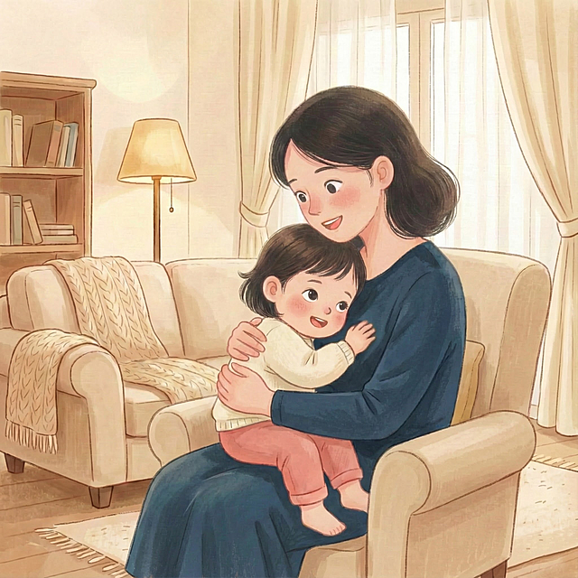 妈妈的衣服变成长袖，两个人的眼睛都是大眼睛双眼皮，温馨对视的说话的样子